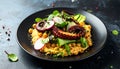 Served over creamy peppery chickpeas with fried octopus, crispy cucumber and radish Royalty Free Stock Photo