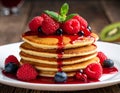 Delicious Pancake Cake on a White Plate with Fruit Sauce Royalty Free Stock Photo