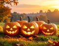 Jack-o\'-lanterns carved from pumpkins as an outdoor decoration for Halloween Royalty Free Stock Photo