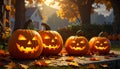 Jack-o\'-lanterns carved from pumpkins as an outdoor decoration for Halloween Royalty Free Stock Photo