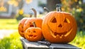 Jack-o\'-lanterns carved from pumpkins as an outdoor decoration for Halloween Royalty Free Stock Photo