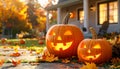 Jack-o\'-lanterns carved from pumpkins as an outdoor decoration for Halloween Royalty Free Stock Photo