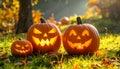 Jack-o\'-lanterns carved from pumpkins as an outdoor decoration for Halloween Royalty Free Stock Photo