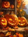 Jack-o\'-lanterns carved from pumpkins as an outdoor decoration for Halloween Royalty Free Stock Photo