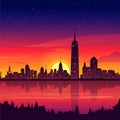 Night City Skyline. Cityscape Background, Beautiful night sky with red sunset over Royalty Free Stock Photo