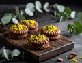 Chocolate pudding cookies with pistachio topping served on a wooden board and decorat Royalty Free Stock Photo
