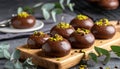 Chocolate pudding cookies with pistachio topping served on a wooden board and decorat Royalty Free Stock Photo