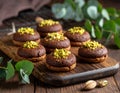 Chocolate pudding cookies with pistachio topping served on a wooden board and decorat Royalty Free Stock Photo