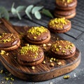 Chocolate pudding cookies with pistachio topping served on a wooden board and decorat Royalty Free Stock Photo