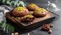 Chocolate pudding cookies with pistachio topping served on a wooden board and decorat Royalty Free Stock Photo