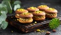 Chocolate pudding cookies with pistachio topping served on a wooden board and decorat Royalty Free Stock Photo