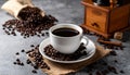 Fresh black coffee in white ceramic cup placed on saucer near coffee grinder and coffee Royalty Free Stock Photo