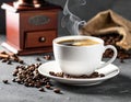 Fresh black coffee in white ceramic cup placed on saucer near coffee grinder and coffee Royalty Free Stock Photo