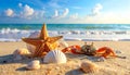 Sea shells, starfish and crab on beach sand for summer and beach concept. Studio shot Royalty Free Stock Photo