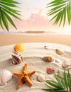 Sea shells, starfish and crab on beach sand for summer and beach concept. Studio shot Royalty Free Stock Photo