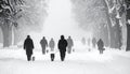 After a night of snow blizzard foggy morning silhouettes of passers citizens walking Royalty Free Stock Photo