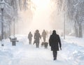 After a night of snow blizzard foggy morning silhouettes of passers citizens walking Royalty Free Stock Photo