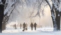 After a night of snow blizzard foggy morning silhouettes of passers citizens walking Royalty Free Stock Photo