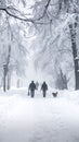 After a night of snow blizzard foggy morning silhouettes of passers citizens walking Royalty Free Stock Photo