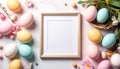 Easter holiday background with photo frame and modern eggs decorations. Royalty Free Stock Photo