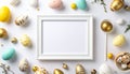 Easter holiday background with photo frame and modern eggs decorations. Royalty Free Stock Photo