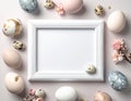 Easter holiday background with photo frame and modern eggs decorations. Royalty Free Stock Photo