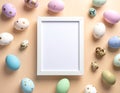 Easter holiday background with photo frame and modern eggs decorations. Royalty Free Stock Photo