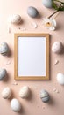 Easter holiday background with photo frame and modern eggs decorations. Royalty Free Stock Photo