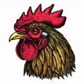 Illustration of rooster head in engraving style. Design element for logo, label, sign Royalty Free Stock Photo