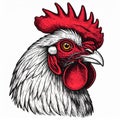 Illustration of rooster head in engraving style. Design element for logo, label, sign Royalty Free Stock Photo