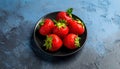 Fresh strawberries on a small black plate against a blue plaster design board. Royalty Free Stock Photo