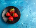 Fresh strawberries on a small black plate against a blue plaster design board. Royalty Free Stock Photo