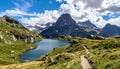 Taking in the view of Midi d\'Ossau beyond Lac Gentau beside the GR10 trekking route Royalty Free Stock Photo
