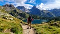 Taking in the view of Midi d\'Ossau beyond Lac Gentau beside the GR10 trekking route Royalty Free Stock Photo