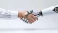 human hand shaking robotic hand on white background symbolizing ai and business collaboration Royalty Free Stock Photo