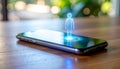 smartphone on wooden table with a small holographic ai assistant figure emerging from the screen Royalty Free Stock Photo