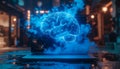 glowing blue digital brain emerging from a laptop screen surrounded by smoke, symbolizing artificial intelligence and innovation Royalty Free Stock Photo