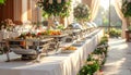 Elegant Wedding or Event Buffet Line with Chafing Dishes and Floral Decor in Bright Sunlight Royalty Free Stock Photo