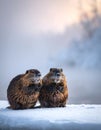 Two cute wild beavers in white snow, cold winter background. Royalty Free Stock Photo