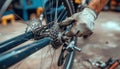 close up of a person repairing a bicycle cassette and rear wheel in a garage workshop Royalty Free Stock Photo