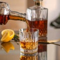 Pouring tasty whiskey from bottle into glass at mirror table, closeup Royalty Free Stock Photo