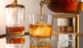 Pouring tasty whiskey from bottle into glass at mirror table, closeup Royalty Free Stock Photo