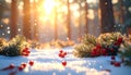 Christmas winter forest scene with pine branches and red berries in snow. Magical golden sunlight and festive bokeh back Royalty Free Stock Photo