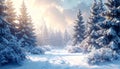 Winter forest snowy landscape with falling snow and sunlit pine trees. Magical Christmas holiday background. Royalty Free Stock Photo