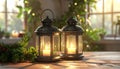 Christmas lanterns with warm candle light on a rustic wooden table, cozy holiday background with bokeh. Royalty Free Stock Photo