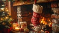 Cozy Christmas stocking by a warm fireplace with a burning fire. Festive holiday home scene with tree and gifts on Xmas Royalty Free Stock Photo