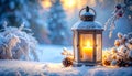 Christmas lantern glowing in the snow. Cozy winter scene with candle light and festive holiday background. Royalty Free Stock Photo