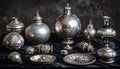 Antique Silverware Still Life. Ornate vintage metal collection of luxury treasures on a dark, moody background. Royalty Free Stock Photo