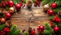 Christmas background with fir tree branches, red ornaments, and pine cones on a rustic wooden board. Festive holiday fra Royalty Free Stock Photo