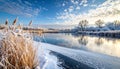 Winter landscape frosty river snow sunrise. Beautiful scenic nature with frozen trees and hoarfrost on reeds. Royalty Free Stock Photo
